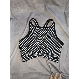 Kona Sol High-Neck Longline Twist-Front Bikini Top size L Black/White/Stripe